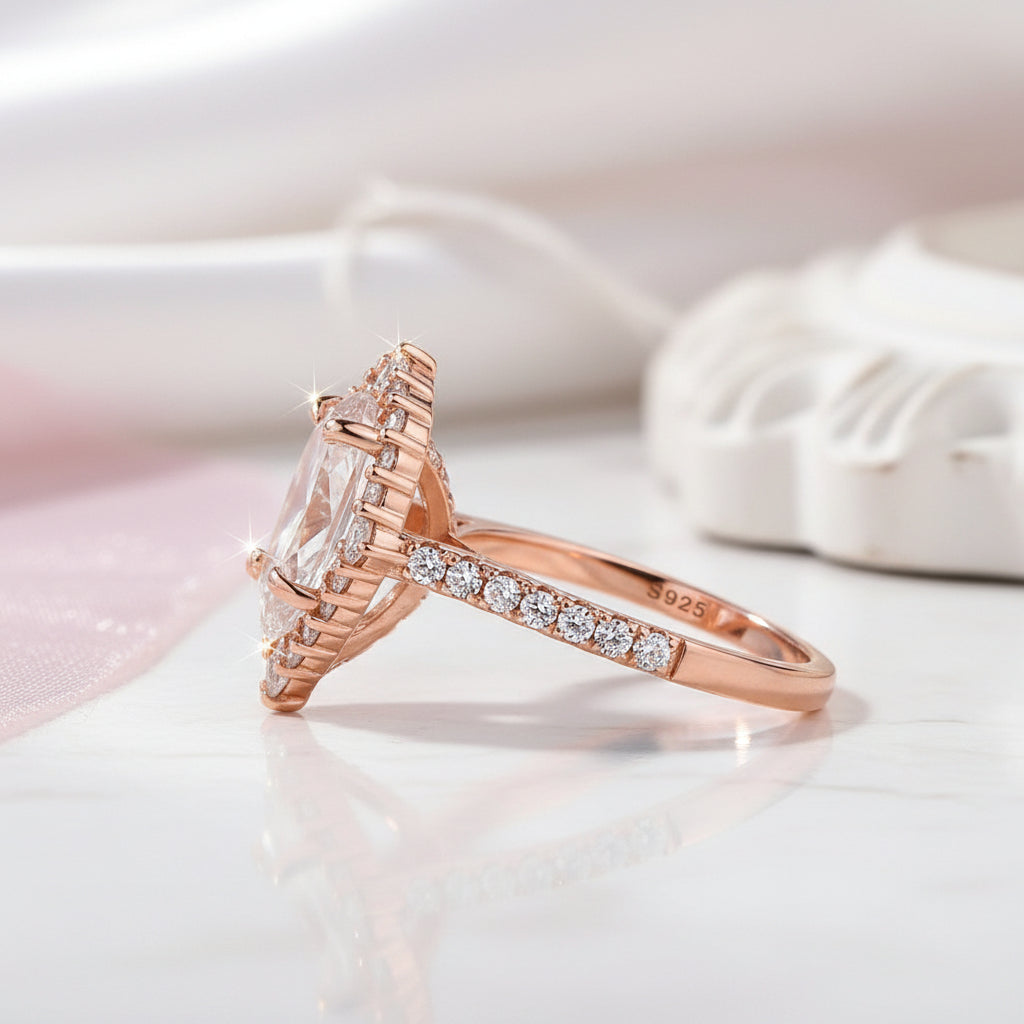 Elegant Rose Gold Carat Halo Pear Cut Bridal Ring Set – Black