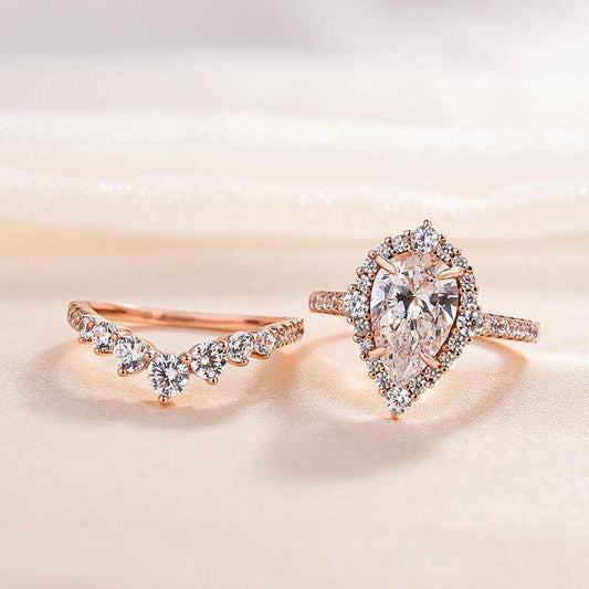 Elegant Rose Gold 2.2 Carat Halo Pear Cut Bridal Ring Set - Black Diamonds New York