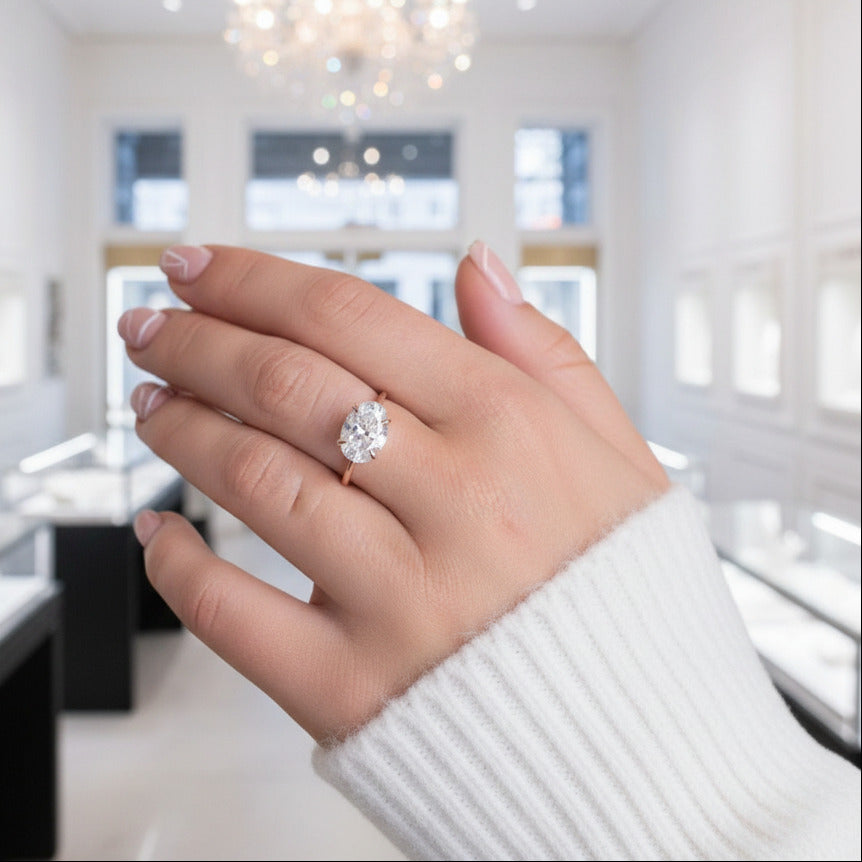 Elegant Rose Gold Oval Cut Simulated Diamond Option Engagement Ring-Black Diamonds New York