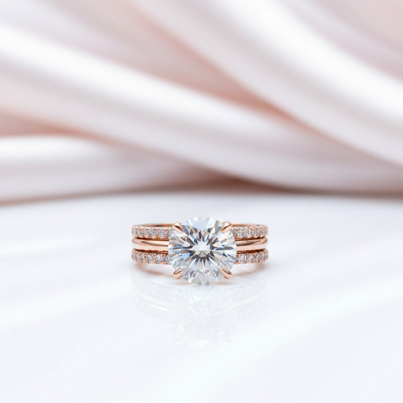 Elegant Rose Gold Round Cut 3PC Wedding Ring Set-Black Diamonds New York