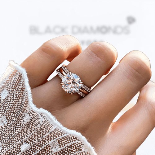 Elegant Rose Gold Round Cut 3PC Wedding Ring Set - Black Diamonds New York