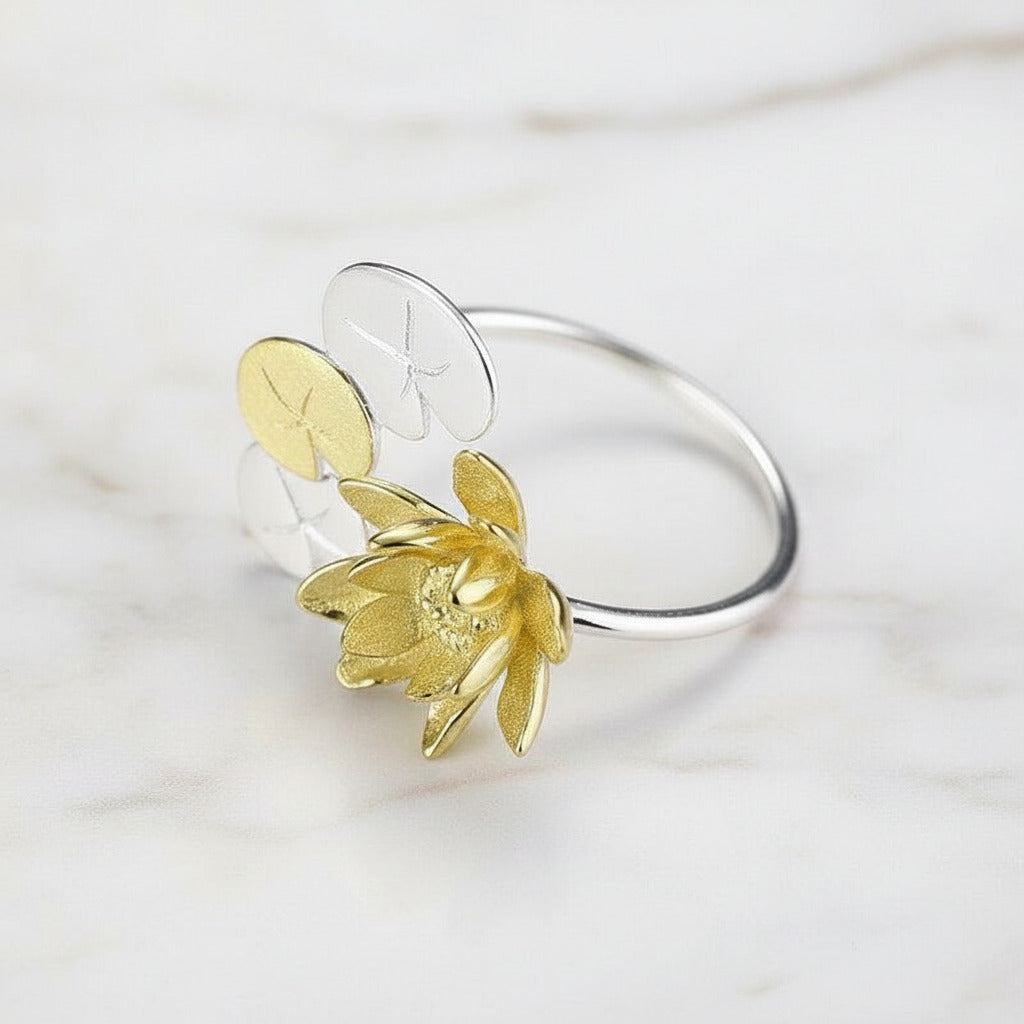 Elegant Water Lily Flower Adjustable Ring-Black Diamonds New York