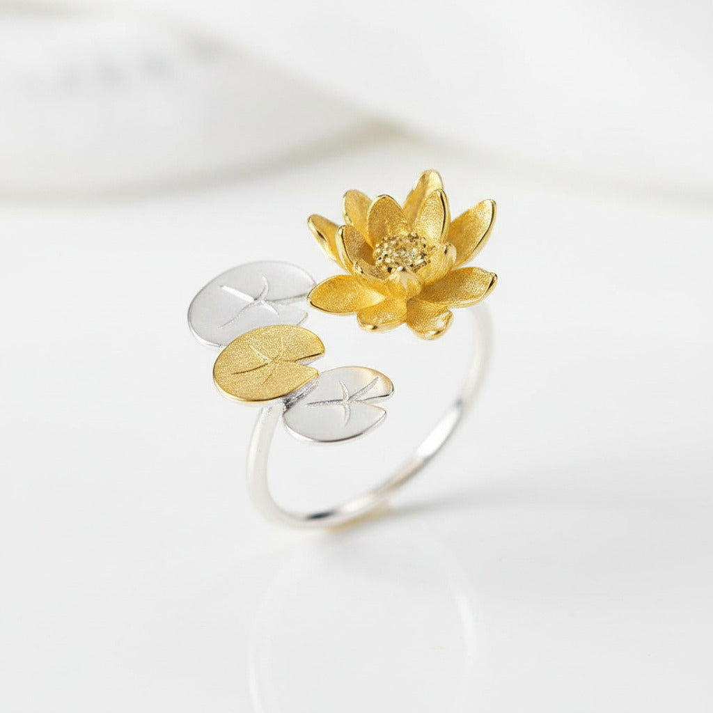 Elegant Water Lily Flower Adjustable Ring-Black Diamonds New York