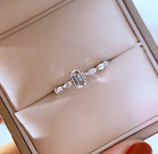 Emerald and Marquise Cut Moissanite Diamond Engagement Ring - Black Diamonds New York