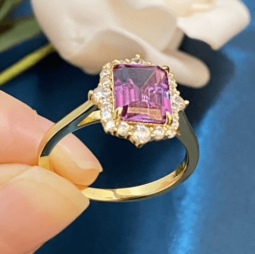 Emerald Cut Amethyst Purple Halo Engagement Ring-Black Diamonds New York