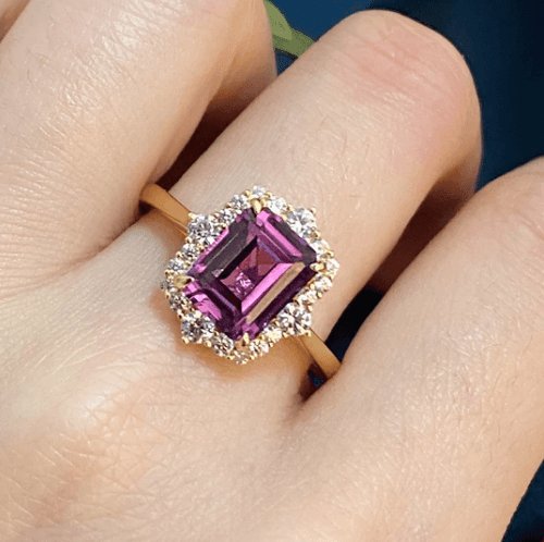 Emerald Cut Amethyst Purple Halo Engagement Ring - Black Diamonds New York