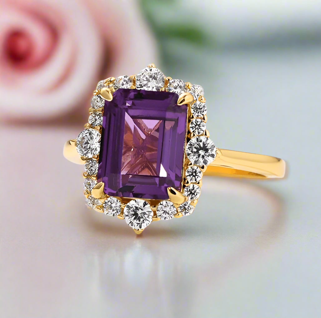 Emerald Cut Amethyst Purple Halo Engagement Ring-Black Diamonds New York