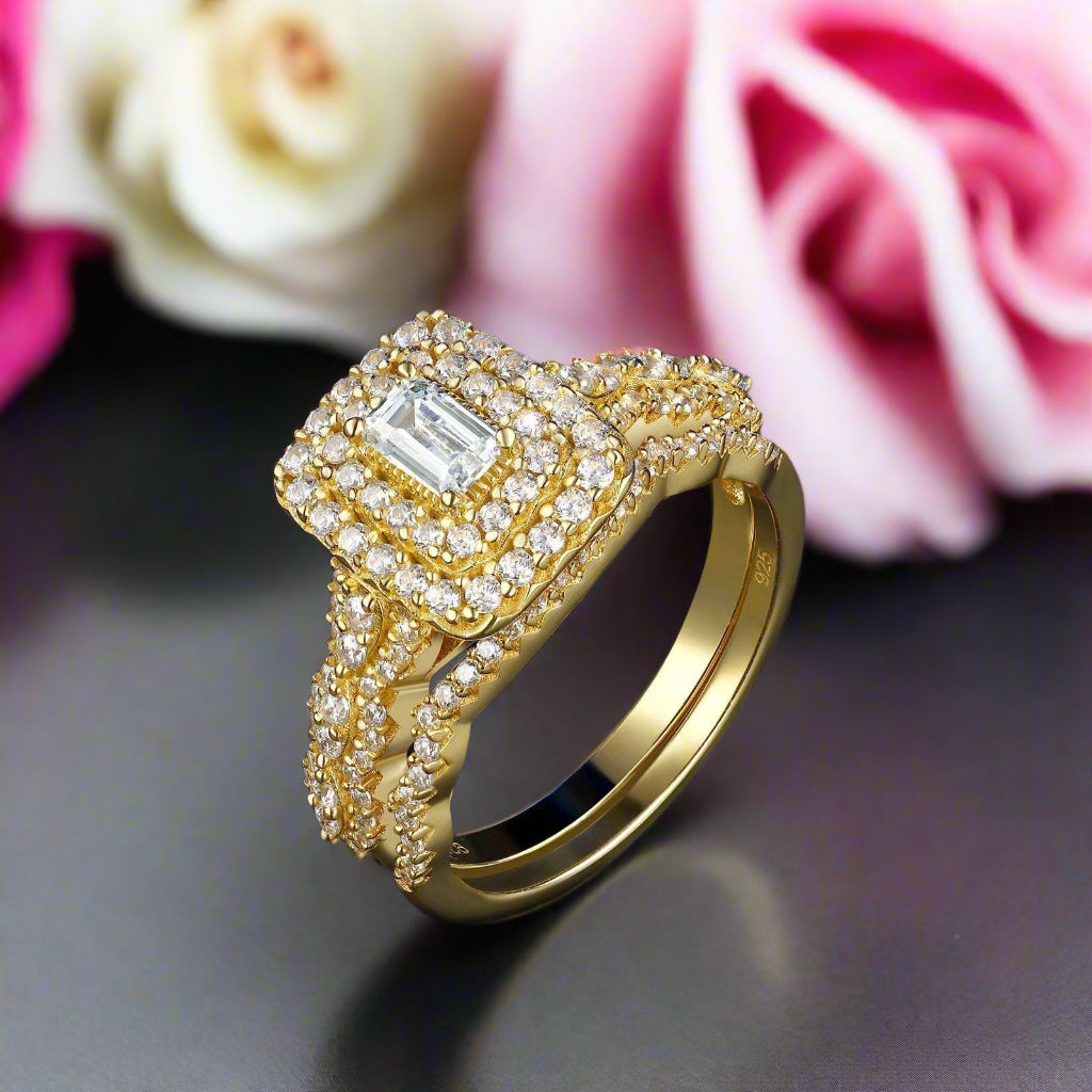 Emerald Cut Diamond Double Halo Engagement Ring Set-Black Diamonds New York