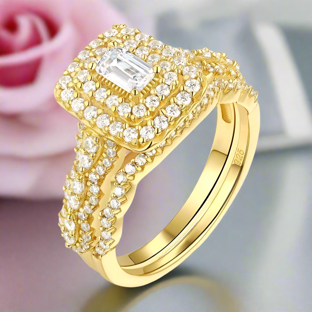 Emerald Cut Diamond Double Halo Engagement Ring Set-Black Diamonds New York