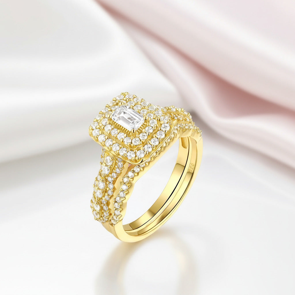 Emerald Cut Diamond Option Double Halo Engagement Ring Set-Black Diamonds New York