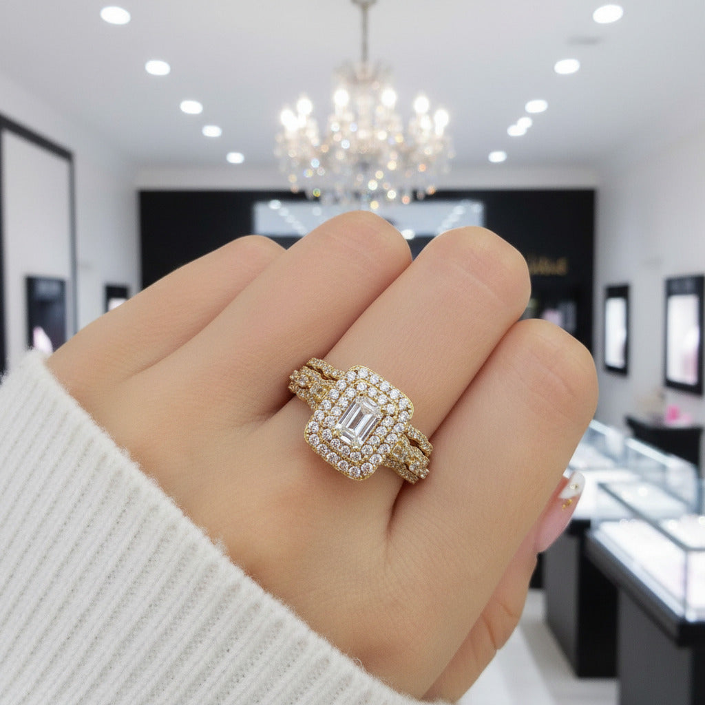 Emerald Cut Diamond Option Double Halo Engagement Ring Set-Black Diamonds New York