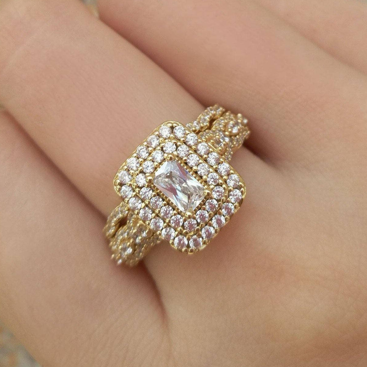 Emerald Cut Diamond Double Halo Engagement Ring Set-Black Diamonds New York