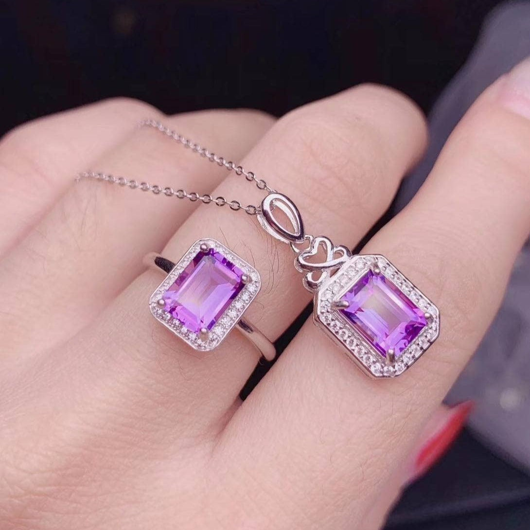 Emerald Cut Natural Amethyst Necklace and Ring Set