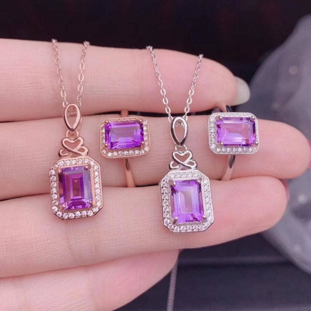 Emerald Cut Natural Amethyst Necklace and Ring Set