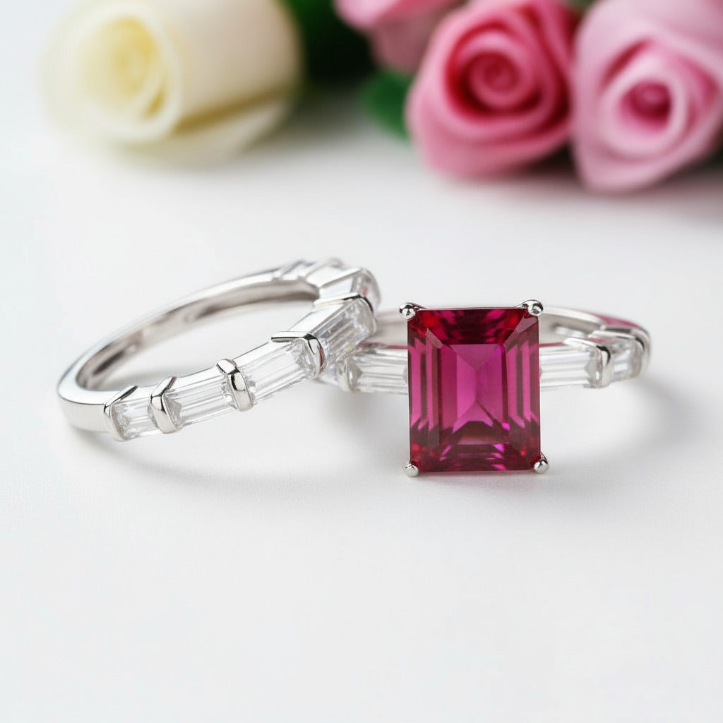 Emerald Cut Ruby Vintage Wedding Ring Set-Black Diamonds New York