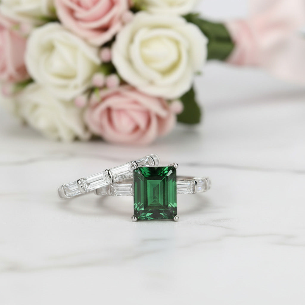 Emerald Cut Ruby Vintage Wedding Ring Set-Black Diamonds New York