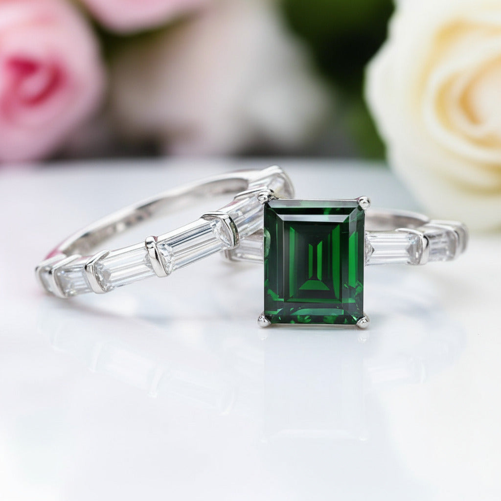 Emerald Cut Ruby Vintage Wedding Ring Set-Black Diamonds New York