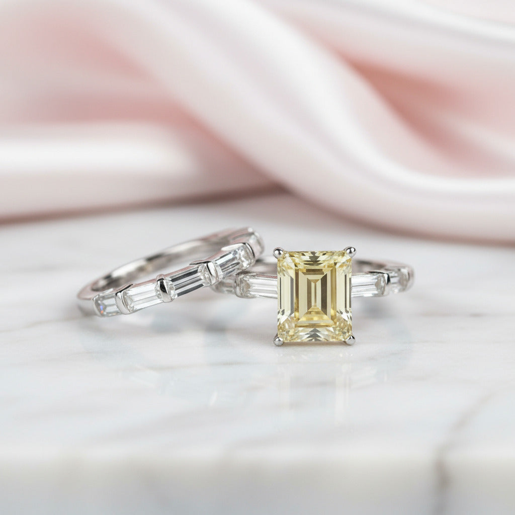 Emerald Cut Ruby Vintage Wedding Ring Set-Black Diamonds New York