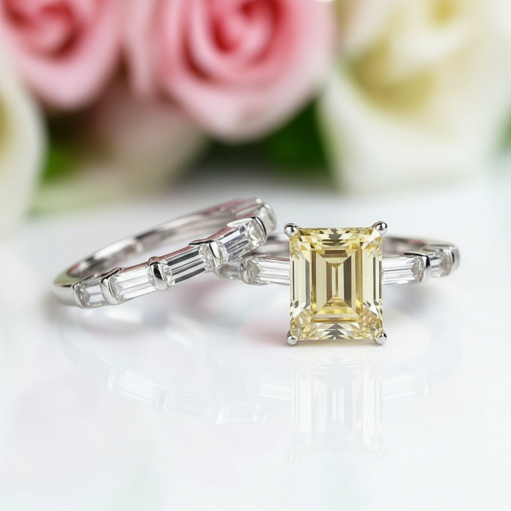 Emerald Cut Ruby Vintage Wedding Ring Set-Black Diamonds New York