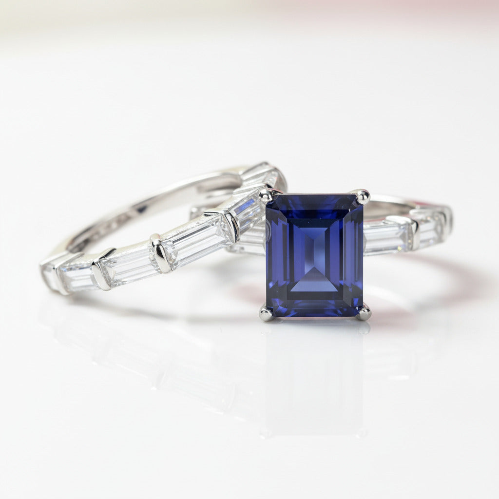 Emerald Cut Ruby Vintage Wedding Ring Set-Black Diamonds New York