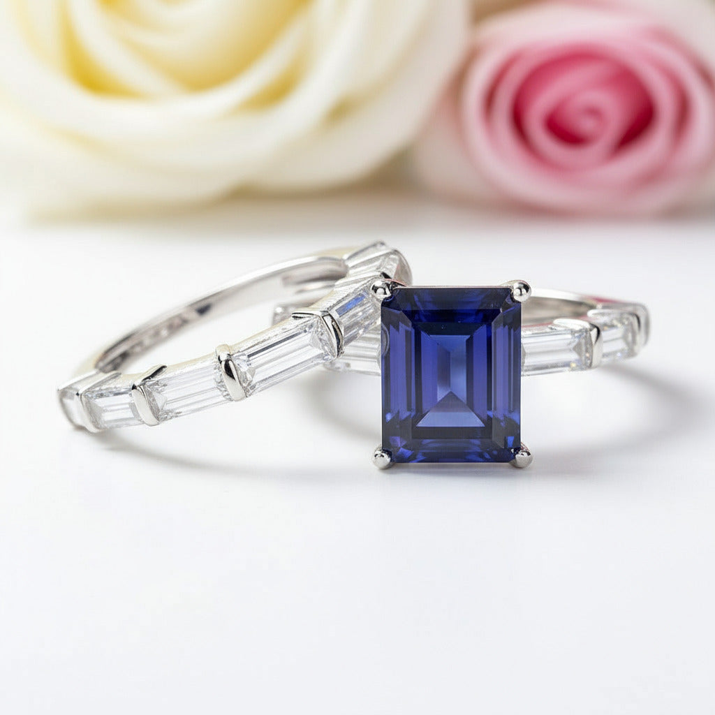 Emerald Cut Ruby Vintage Wedding Ring Set-Black Diamonds New York