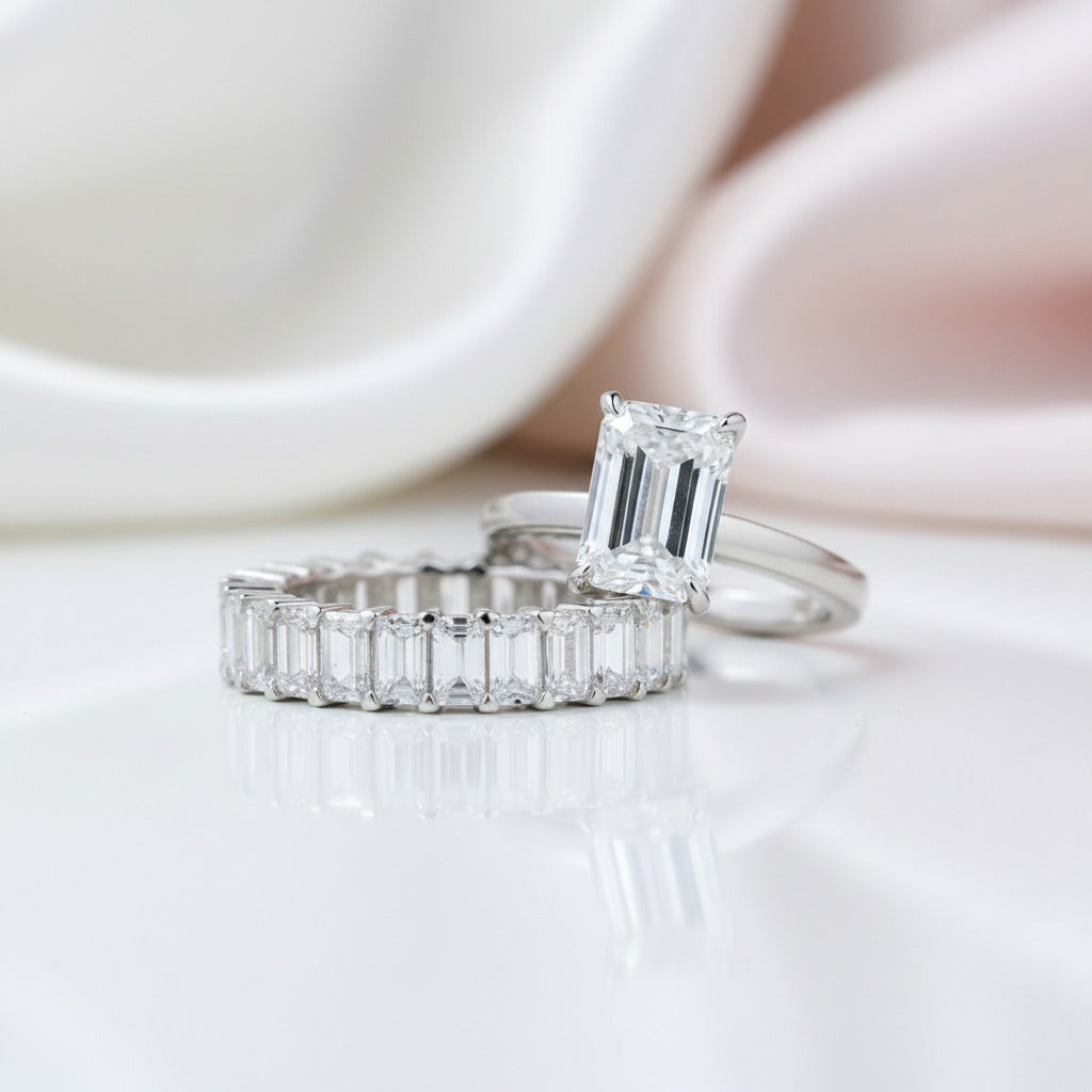 Emerald Cut Solitaire Diamond Option Wedding Ring Set-Black Diamonds New York
