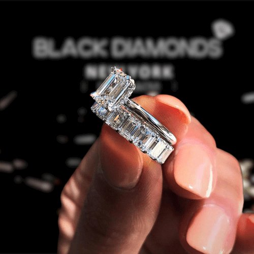 Emerald Cut Solitaire Diamond Wedding Ring Set - Black Diamonds New York