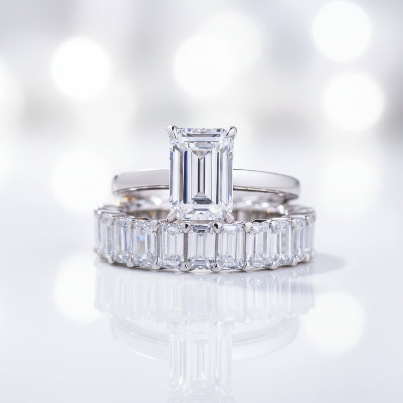 Emerald Cut Solitaire Diamond Wedding Ring Set – Black Diamonds