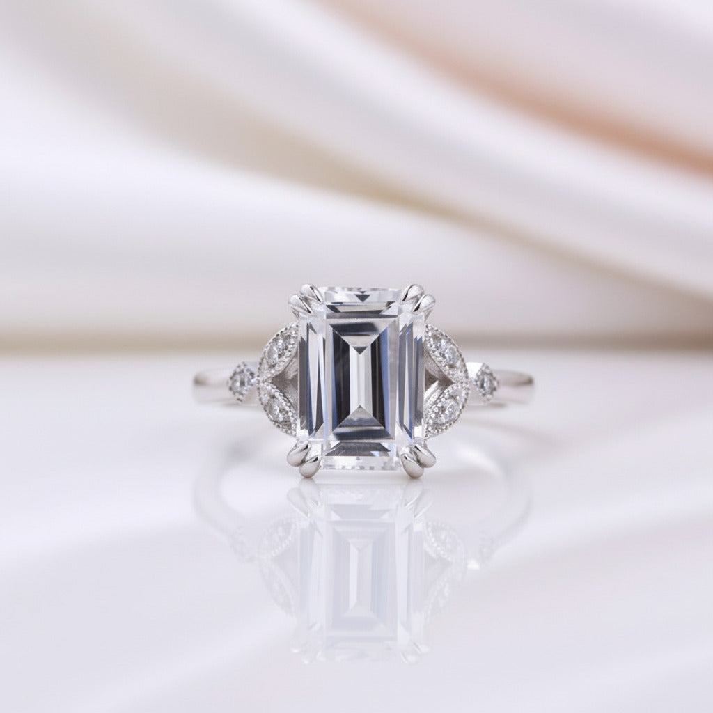 Emerald Cut White Sapphire Engagement Ring-Black Diamonds New York