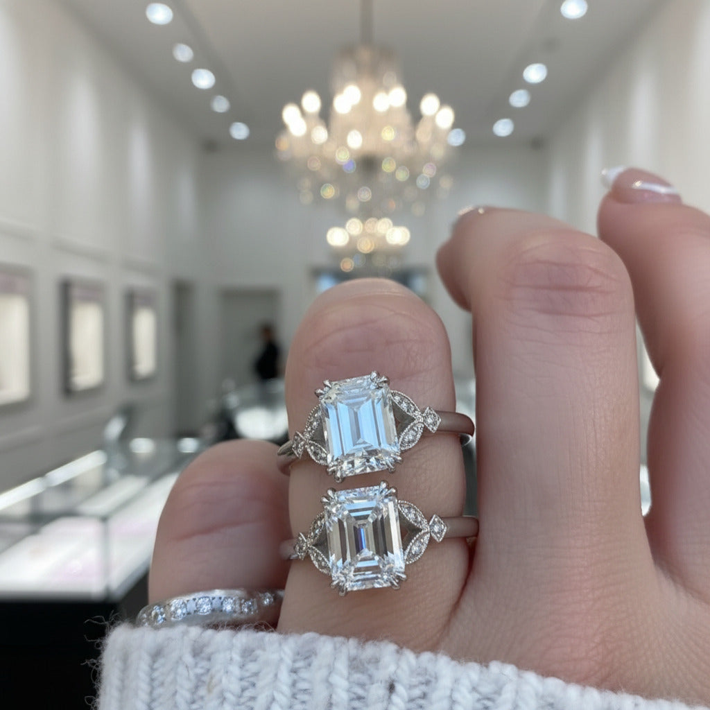 Emerald Cut White Sapphire Engagement Ring-Black Diamonds New York