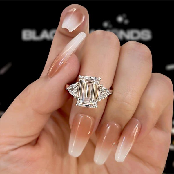 Emerald Cut White Sapphire Three Stone Engagement Ring - Black Diamonds New York