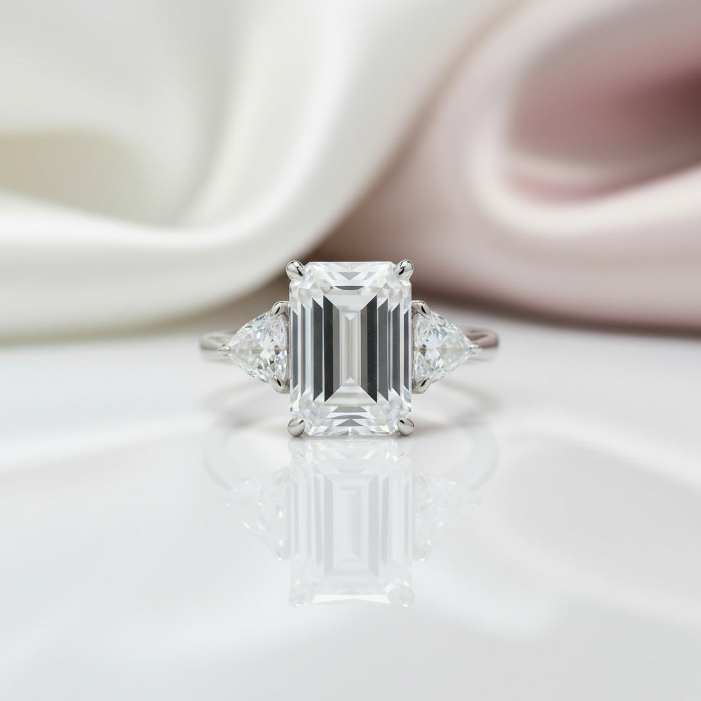 Emerald Cut White Sapphire Three Stone Engagement Ring-Black Diamonds New York