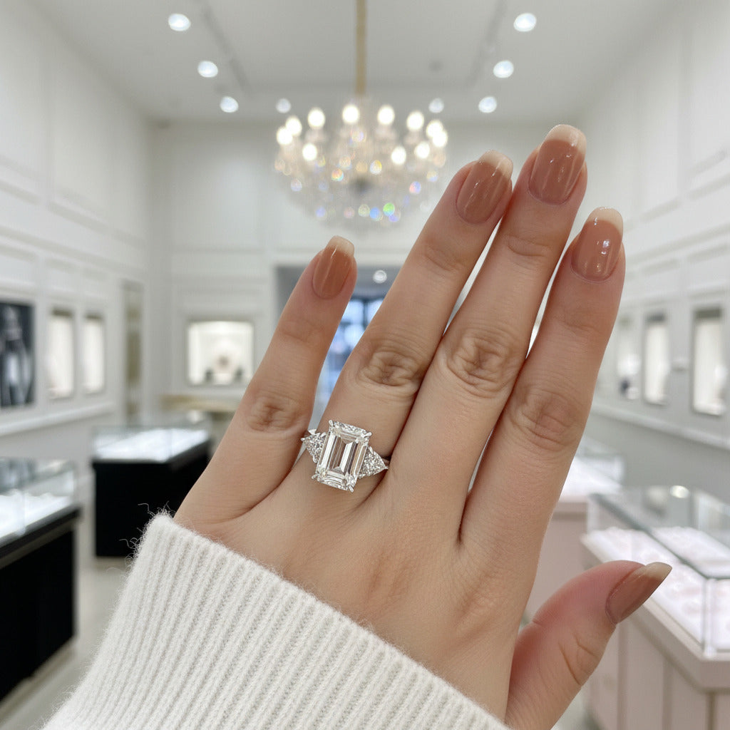 Emerald Cut White Sapphire Three Stone Engagement Ring – Black