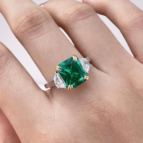 Emerald Green Cushion Cut Three Stone Engagement Ring-Black Diamonds New York