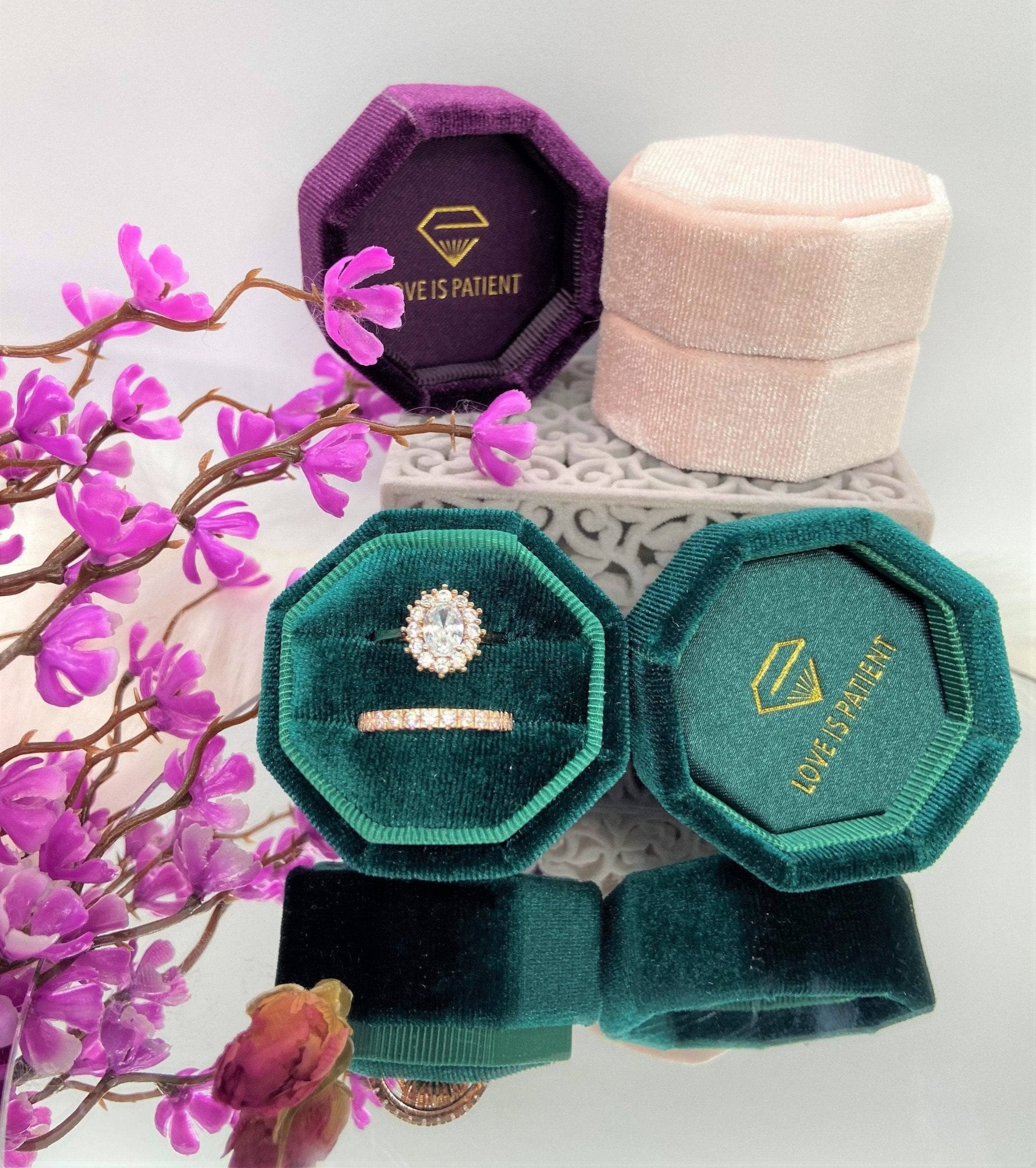 Emerald Green Love Is Patient Double Ring Slots Octagon Velvet Ring Box-Black Diamonds New York