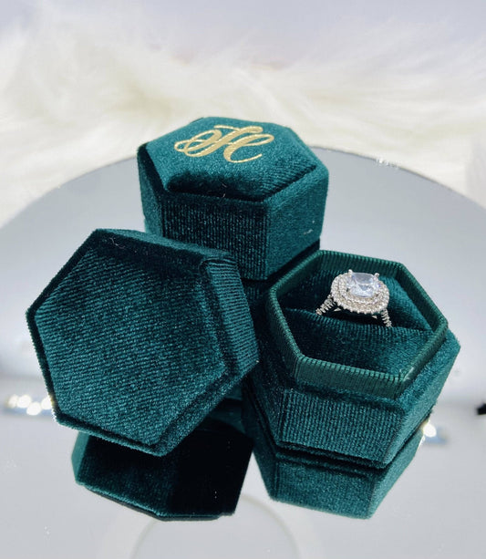 Emerald Green Single Slot Hexagon Velvet Ring Box-Black Diamonds New York