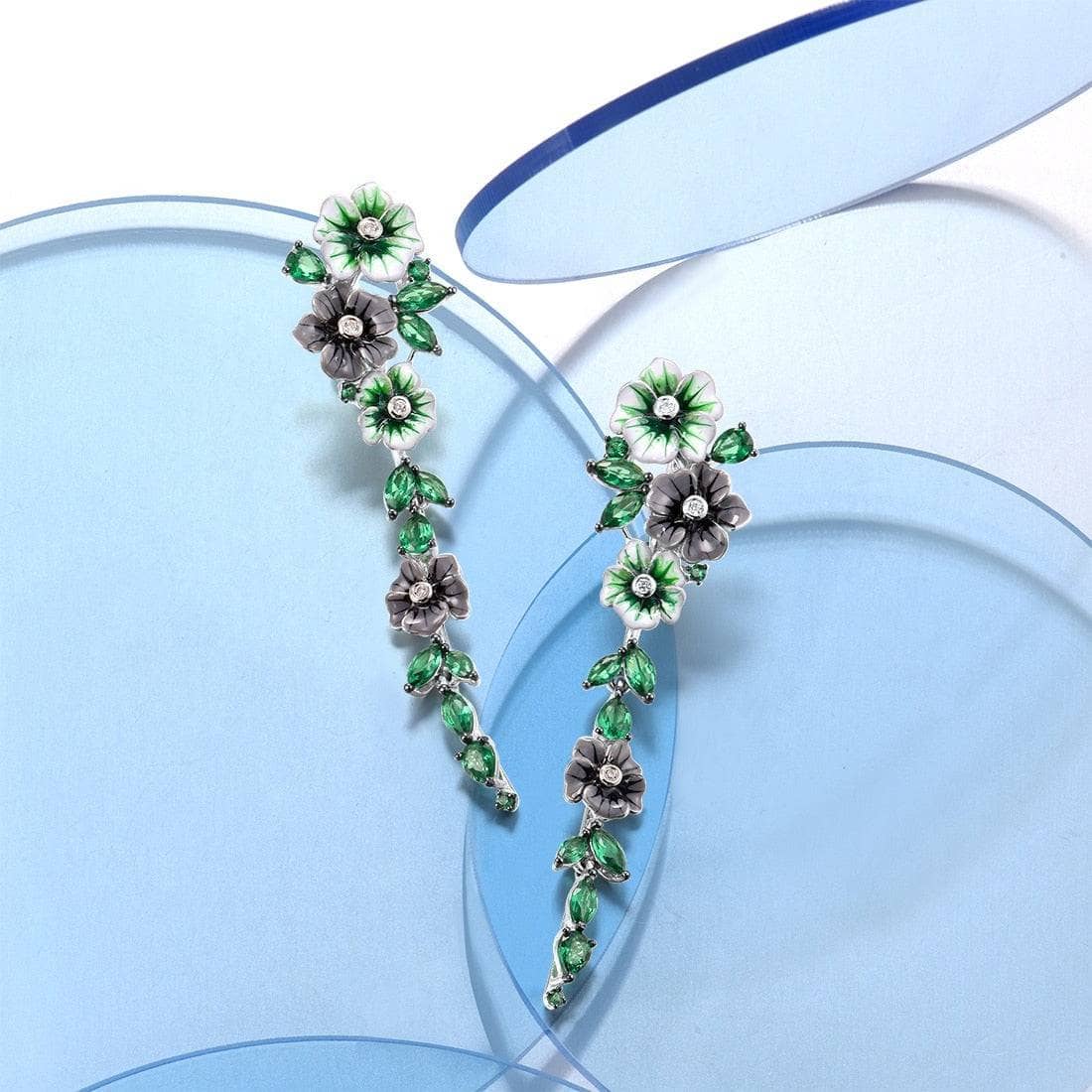 Enamel Blooming Flowers with Spinel & EVN Stone Earrings-Black Diamonds New York