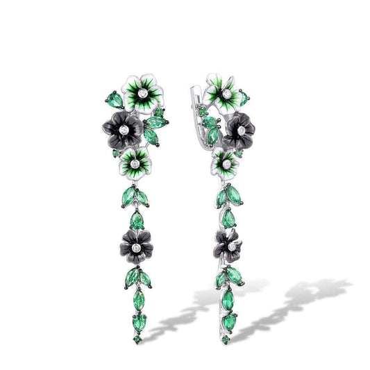 Enamel Blooming Flowers with Spinel & Created Diamond Earrings-Black Diamonds New York