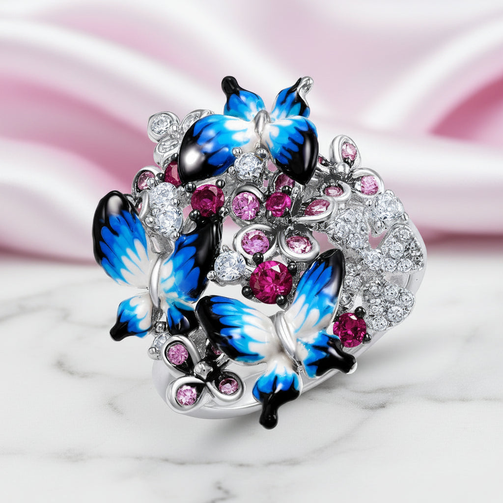 Enamel Butterflies with Diamond Option Ring-Black Diamonds New York