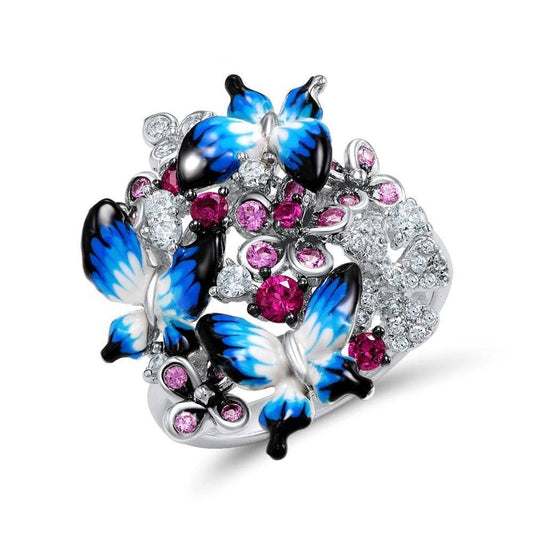 Enamel Butterflies with Created Diamonds Ring-Black Diamonds New York