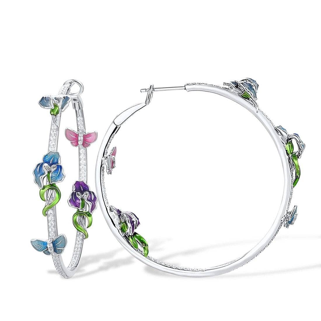 Enamel Flower & Butterfly Hoop Earrings-Black Diamonds New York