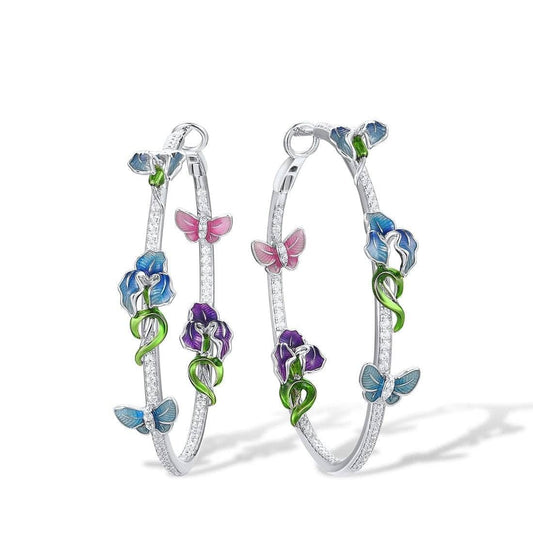 Enamel Flower & Butterfly Hoop Earrings-Black Diamonds New York