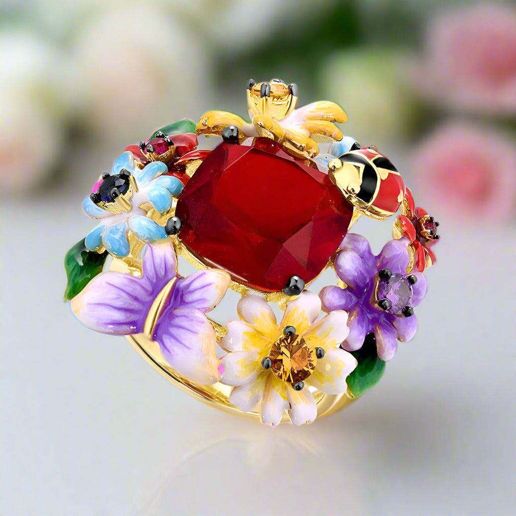 Enamel Flowers & Ladybug Ring-Black Diamonds New York