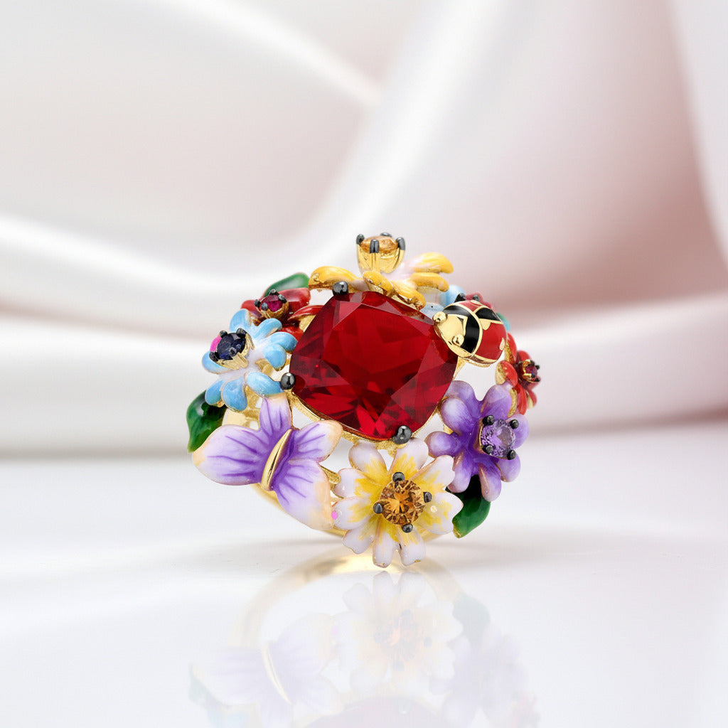Enamel Flowers & Ladybug Ring-Black Diamonds New York