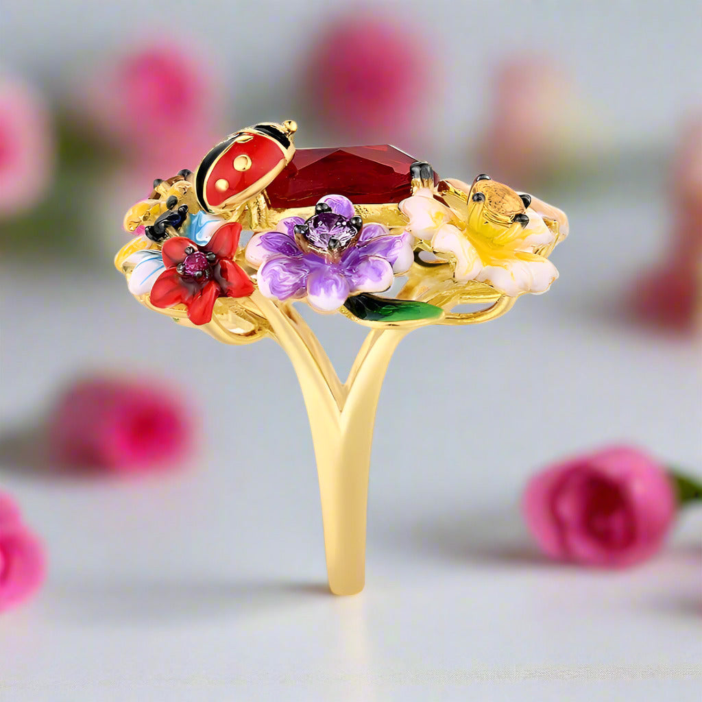 Enamel Flowers & Ladybug Ring-Black Diamonds New York