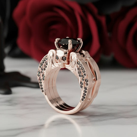 Eternal Love Rings- Round Cut Diamond Skull Engagement Ring in 14k White Gold-Black Diamonds New York