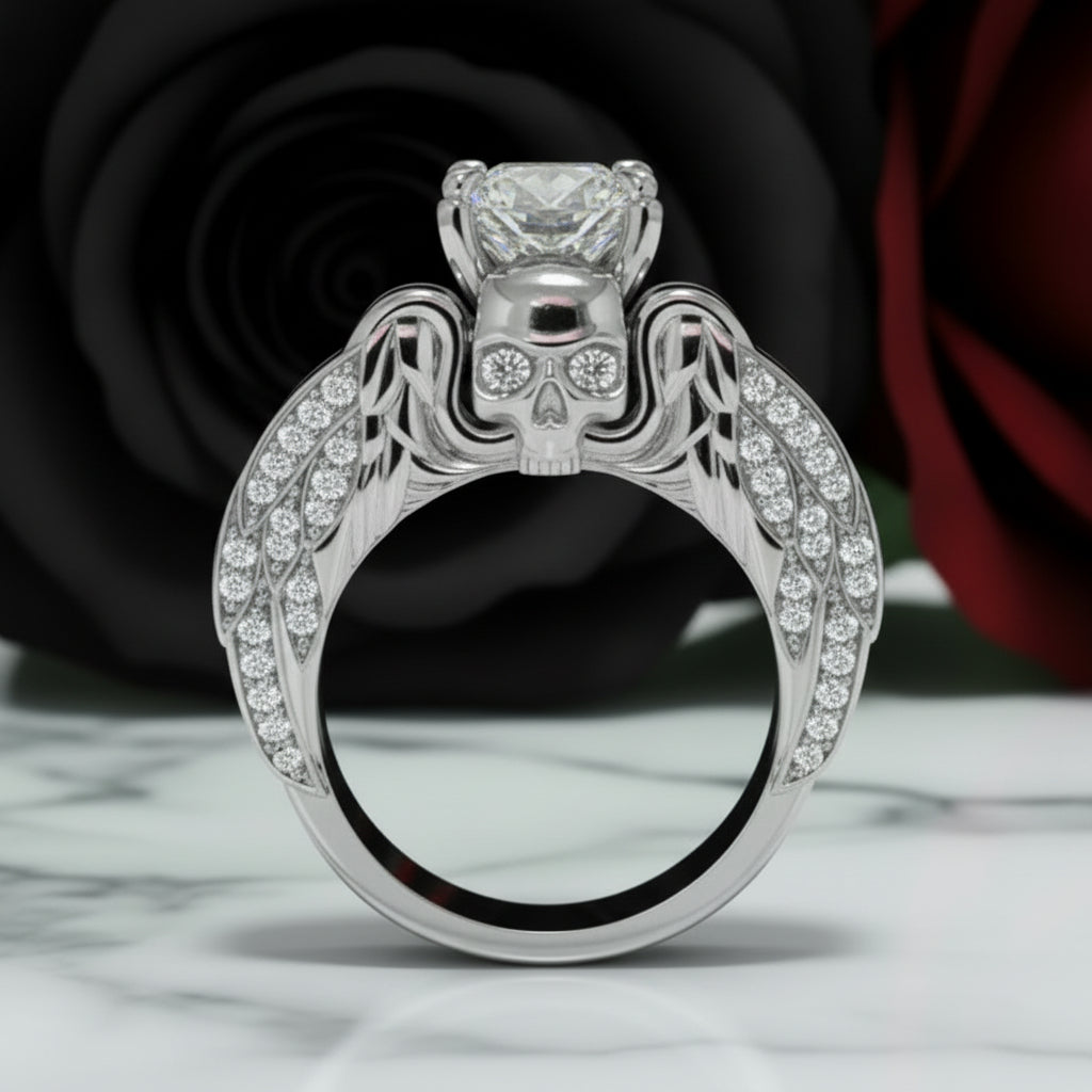 Eternal Love Rings- Round Cut Diamond Option Skull Engagement Ring in 14k White Gold-Black Diamonds New York