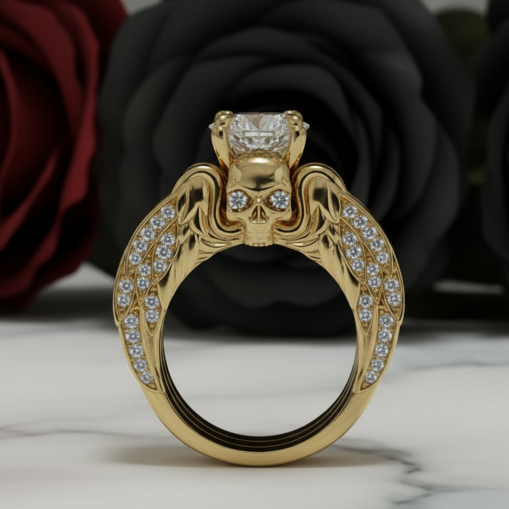 Eternal Love Rings- Round Cut Diamond Option Skull Engagement Ring in 14k White Gold-Black Diamonds New York