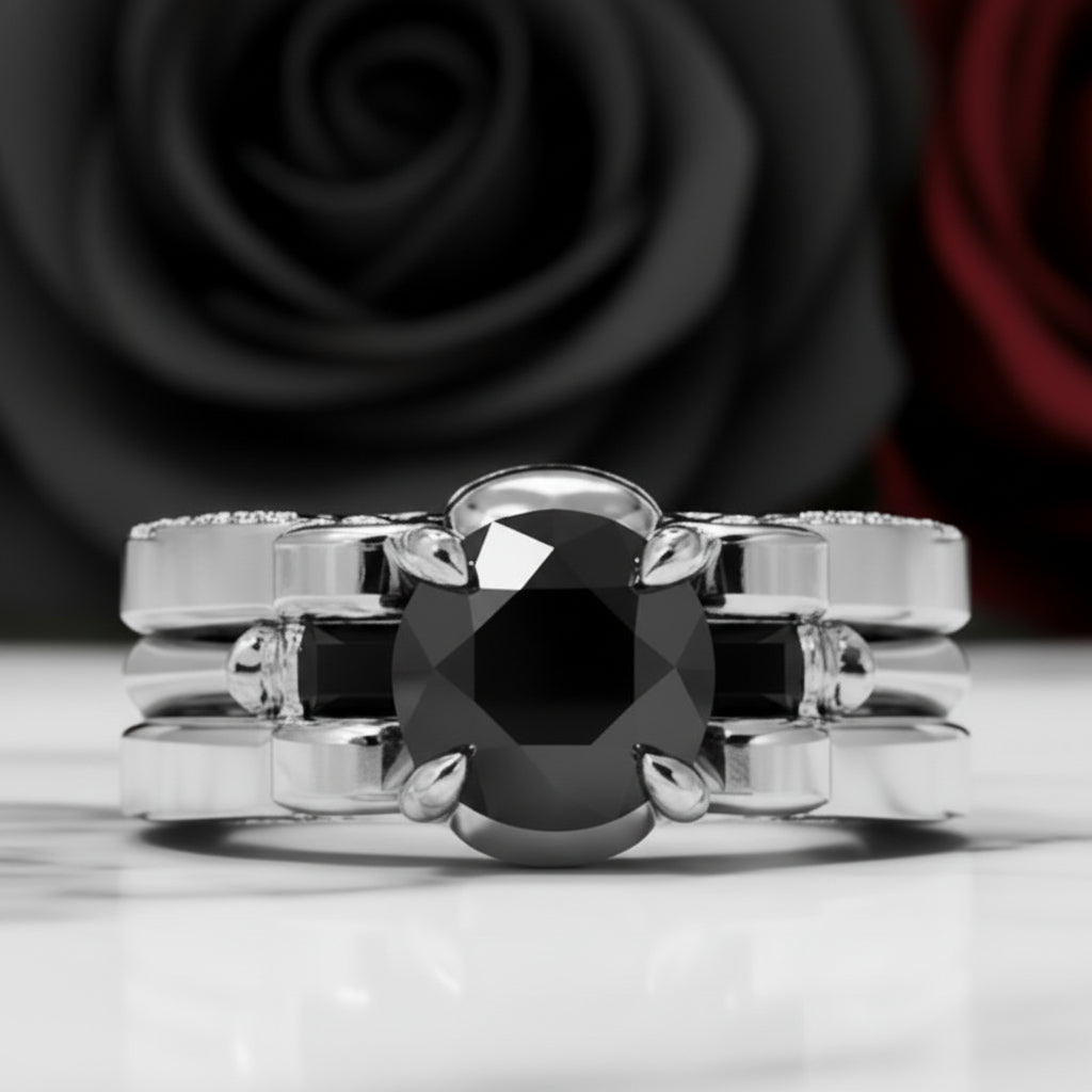 Eternal Love Rings- Round Cut Diamond Option Skull Engagement Ring in 14k White Gold-Black Diamonds New York