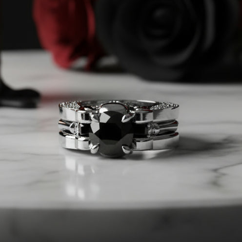 Eternal Love Rings- Round Cut Diamond Skull Engagement Ring in 14k White Gold-Black Diamonds New York